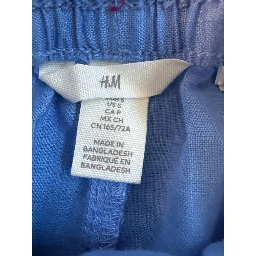H&M Womens Blue Linen Blend Drawstring Elastic Waist Straight Leg Pants Size S